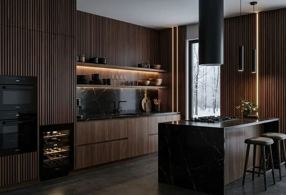 Modern kitchen with dark wood vertical ribbed cabinets, black marble island, ambient shelf lighting, and industrial stool seating